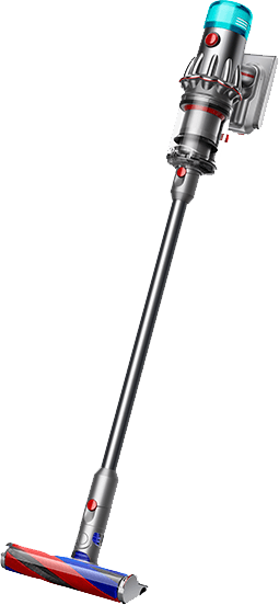 Na obrazie widoczny jest odkurzacz pionowy z metalicznym korpusem i kolorowymi elementami. Urządzenie ma długą rurę i szczotkę z czerwonym i niebieskim paskiem.
