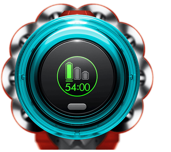 Obraz przedstawia wyświetlacz z zielonym wskaźnikiem baterii i czasem 54:00, otoczony niebieską obudową. W tle widoczne są elementy przypominające metalowe cylindry.