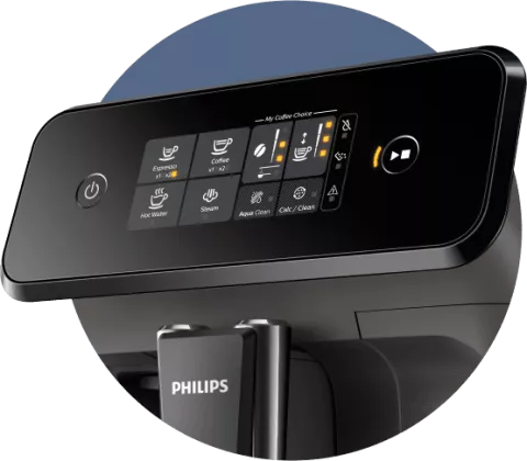 Panel sterowania ekspresu do kawy z wyświetlaczem dotykowym, na którym widoczne są ikony i napisy takie jak Espresso, Coffee, Hot Water, Steam. Logo PHILIPS znajduje się poniżej panelu.
