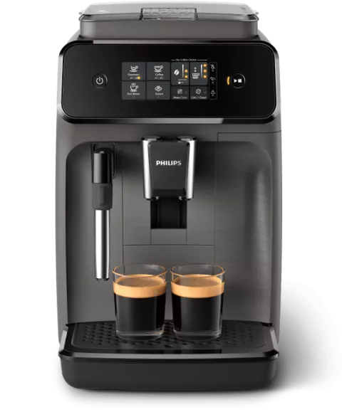 Czarny ekspres do kawy z wyświetlaczem dotykowym i logo PHILIPS, na którym znajdują się dwa kubki z kawą. Na wyświetlaczu widoczne są ikony różnych rodzajów kawy i ustawień.