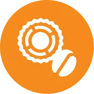 Pomarańczowa ikona z białym symbolem zębatki i ziarnem kawy.