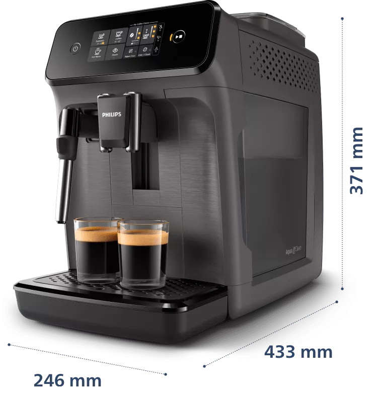 Czarny ekspres do kawy z logo PHILIPS, posiada wyświetlacz z ikonami i dwie filiżanki z kawą na tacy ociekowej. Wymiary urządzenia to 246 mm szerokości i 433 mm głębokości.