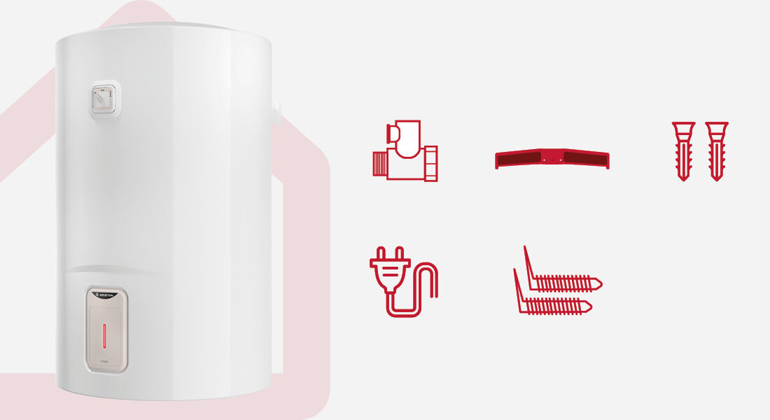 Na obrazie widoczny jest biały bojler elektryczny z prostokątnym panelem i pokrętłem. Obok znajdują się czerwone ikony przedstawiające elementy montażowe, takie jak wtyczka, zawór, uchwyt, kołki i śruby.