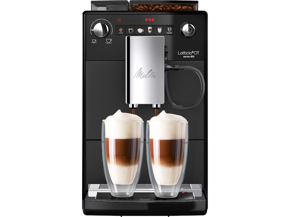 Ekspres do kawy z dwoma szklankami wypełnionymi kawą z mleczną pianką. Widoczne logo: Melitta, Latticia OT series 600.