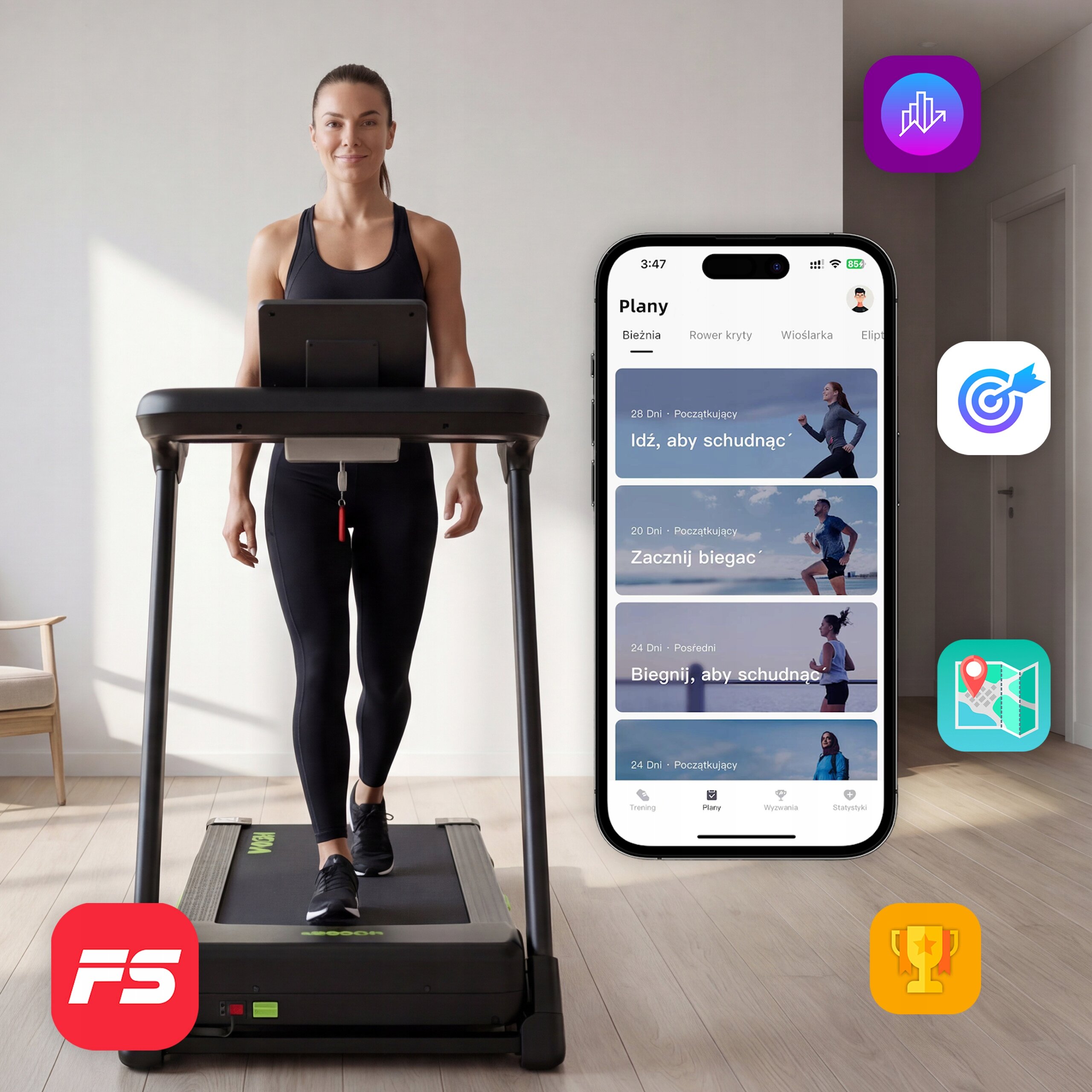 Osoba ćwiczy na bieżni elektrycznej, obok widoczny jest ekran smartfona z aplikacją fitness. Na ekranie aplikacji widoczne są plany treningowe z tekstami: \'Idź, aby schudnąć\', \'Zacznij biegać\', \'Biegnij, aby schudnąć\'.