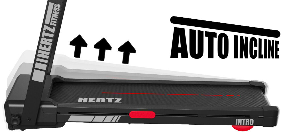 Bieżnia elektryczna z logo HERTZ FITNESS, posiadająca funkcję AUTO INCLINE. Widoczne są trzy czarne strzałki wskazujące na możliwość regulacji nachylenia.