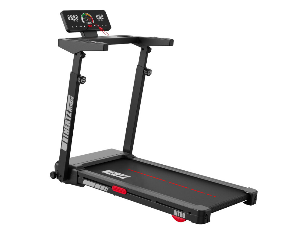 Na obrazie widoczna jest bieżnia elektryczna z czarną ramą i panelem sterującym z wyświetlaczem. Na bieżni znajduje się napis \'HERTZ FITNESS\' oraz \'INTRO\'.