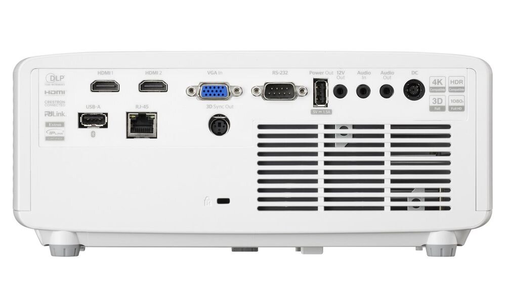 Projektor laserowy OPTOMA ZH521 złącza HDMI 2.0 VGA RS232 RJ45 USB-A wyjście audio 3,5 mm, projektor na białym tle