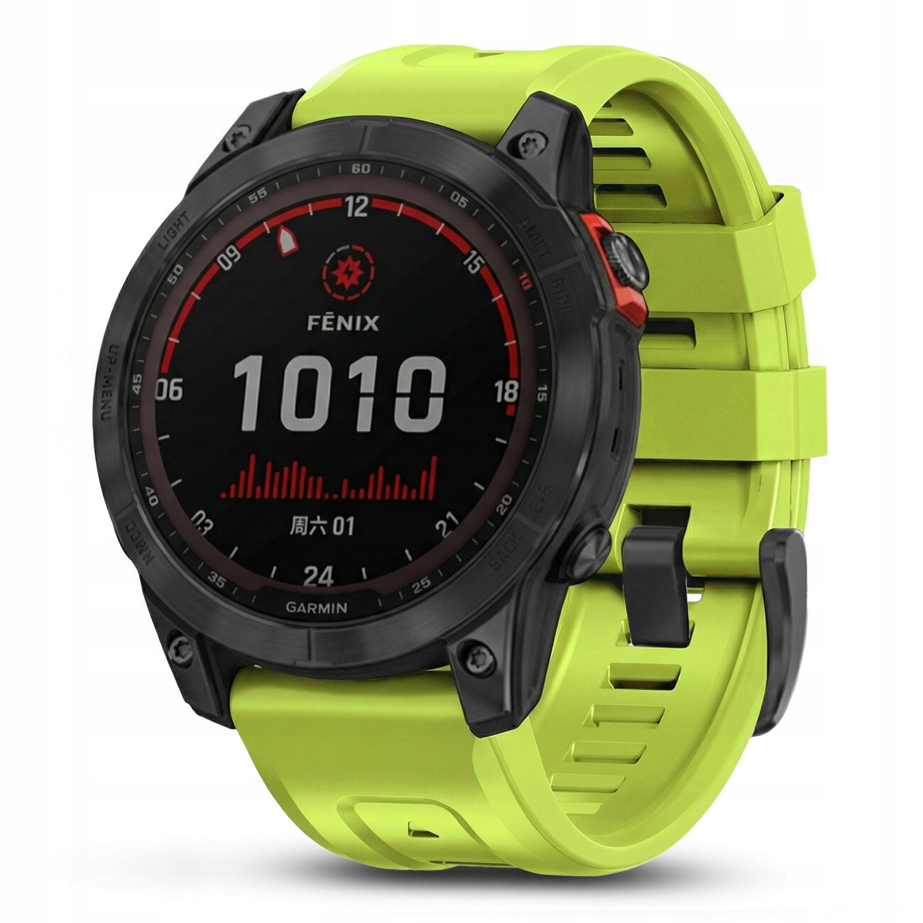 Zegarek z czarną kopertą i jasnozielonym paskiem, na wyświetlaczu widoczny jest napis \'FENIX\' oraz liczba \'1010\'. Na dole ekranu znajduje się logo \'Garmin\'.