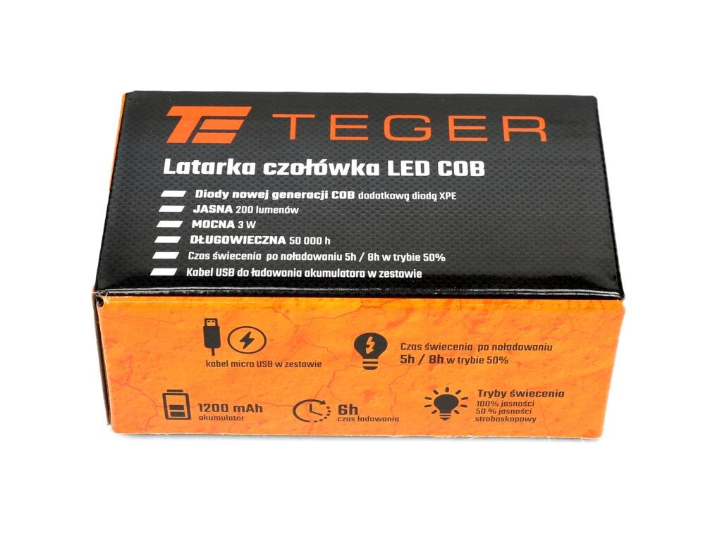 Opakowanie produktu z napisem \'TEGER Latarka czołówka LED COB\'. Informacje na opakowaniu: \'JASNA 200 lumenów\', \'MOCNA 3 W\', \'DŁUGOWIECZNA 50 000 h\', \'Czas świecenia po naładowaniu 5h / 8h w trybie 50%\', \'Kabel USB do ładowania akumulatora w zestawie\', \'1200 mAh akumulator\', \'6h czas ładowania\'.
