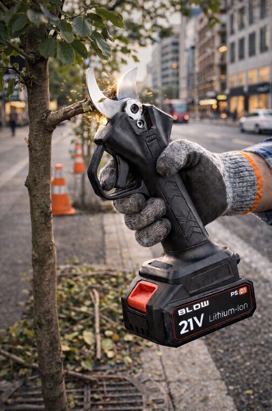 Osoba w rękawicach trzyma elektryczny sekator akumulatorowy przycinający gałąź drzewa. Na urządzeniu widoczny jest napis: \'BLOW 21V Lithium-Ion\'.
