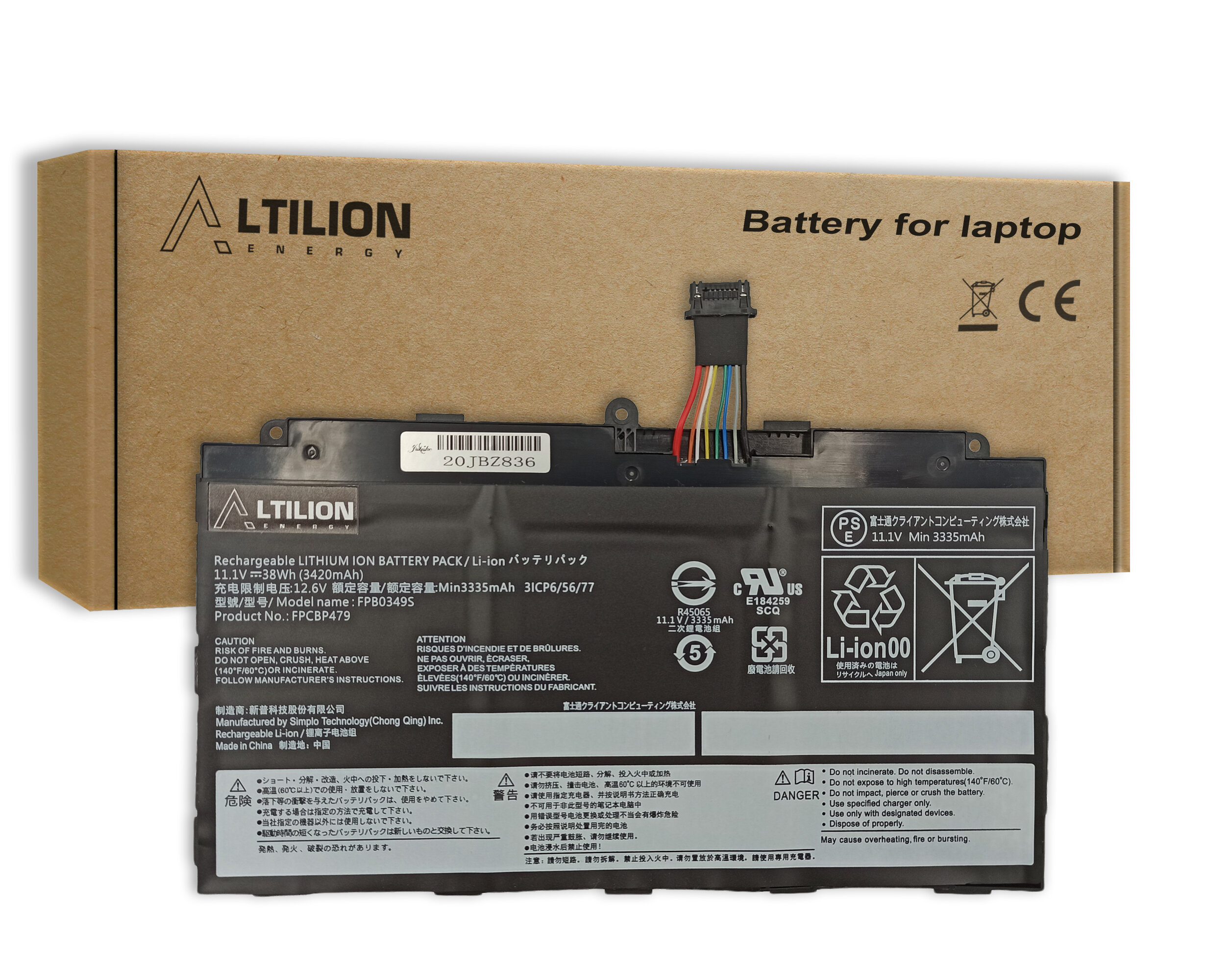 Na obrazie widoczna jest bateria litowo-jonowa Altilion Energy z oznaczeniami technicznymi i kolorowym kablem, umieszczona na tle kartonowego opakowania z napisem \'Battery for laptop\'.