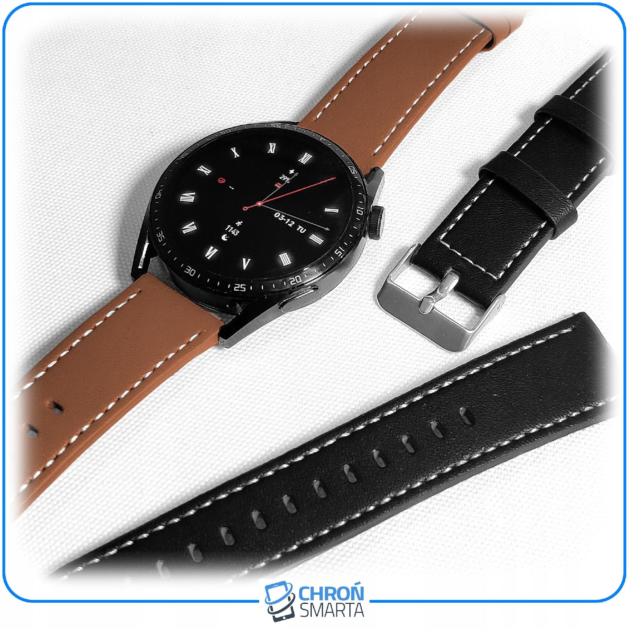 Na białym tle znajduje się smartwatch z brązowym paskiem oraz dwa dodatkowe paski w kolorze czarnym z białymi przeszyciami. Widoczne jest logo \'CHROŃ SMARTA\' w dolnej części obrazu.