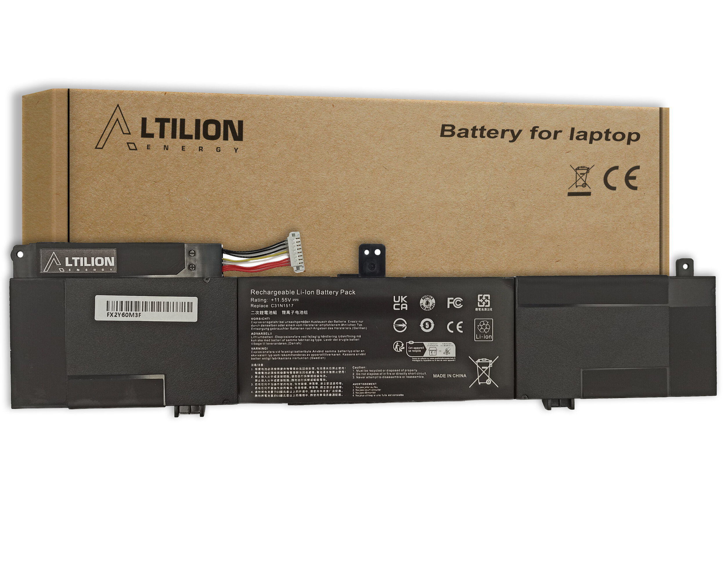 Na obrazie widoczna jest bateria litowo-jonowa z oznaczeniami i logo Altilion Energy, umieszczona na tle kartonowego opakowania z napisem \'Battery for laptop\'.
