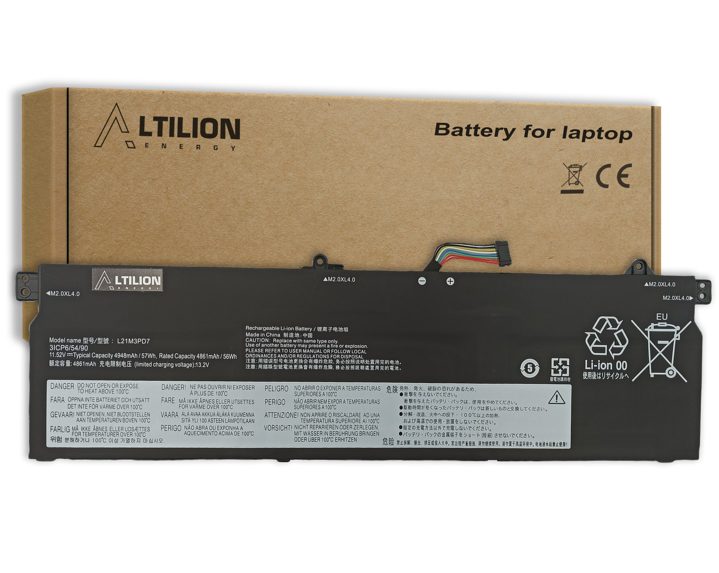 Na obrazie widoczna jest bateria do laptopa z oznaczeniami \'Altilion Energy\' oraz \'L21M3PD7\', umieszczona na tle kartonowego opakowania z napisem \'Battery for laptop\'. Na baterii znajdują się różne ostrzeżenia i symbole, w tym \'Li-ion 00\'.