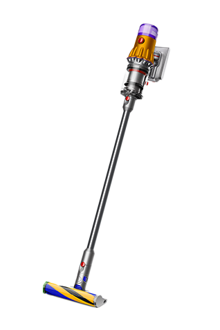 Bezprzewodowy odkurzacz pionowy z kolorowym korpusem i przezroczystym pojemnikiem na kurz. Główka odkurzacza ma kolorowe elementy i jest wyposażona w szczotkę.