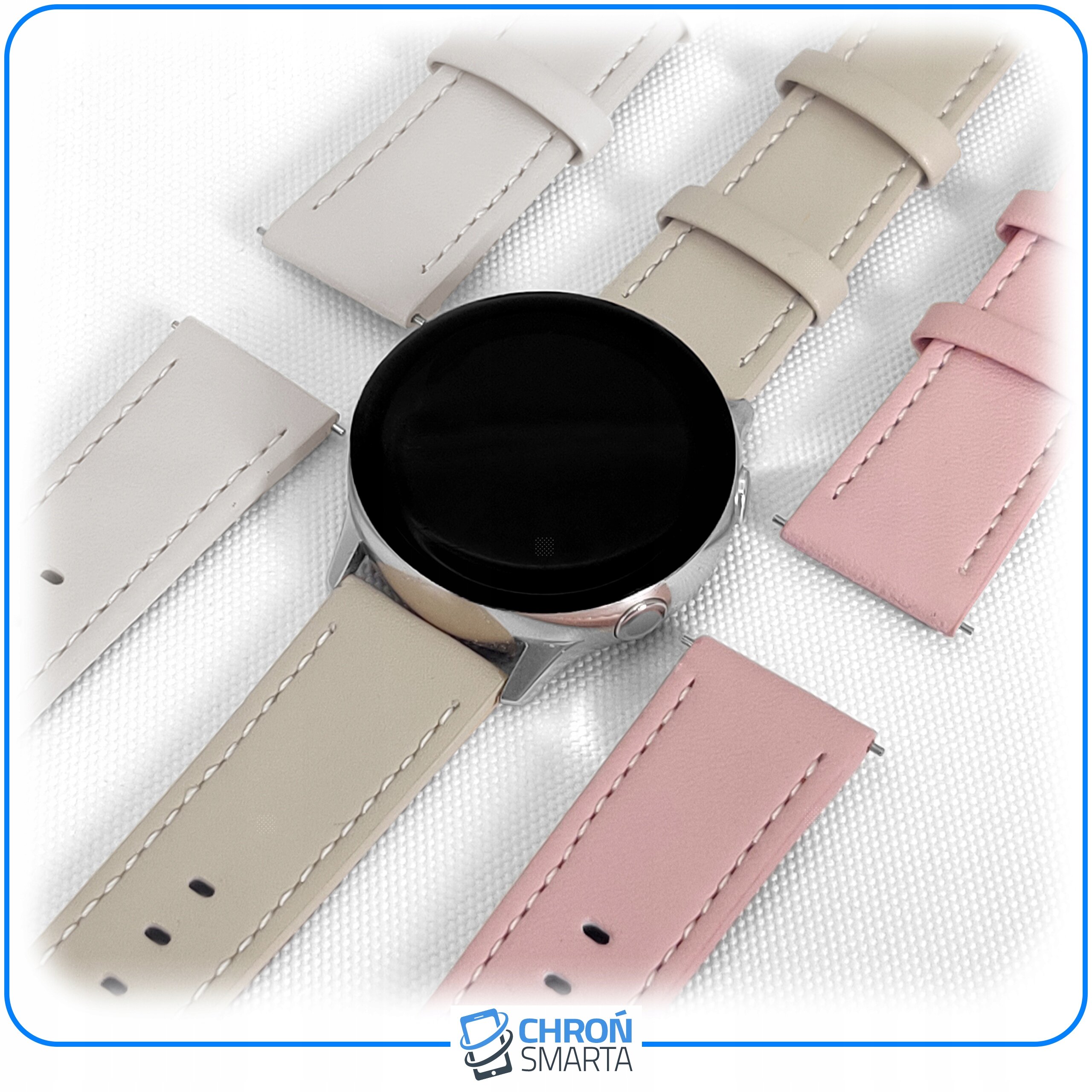 Na obrazie widoczny jest smartwatch z wymiennymi paskami w kolorach beżowym i różowym. Na dole znajduje się logo \'CHROŃ SMARTA\'.