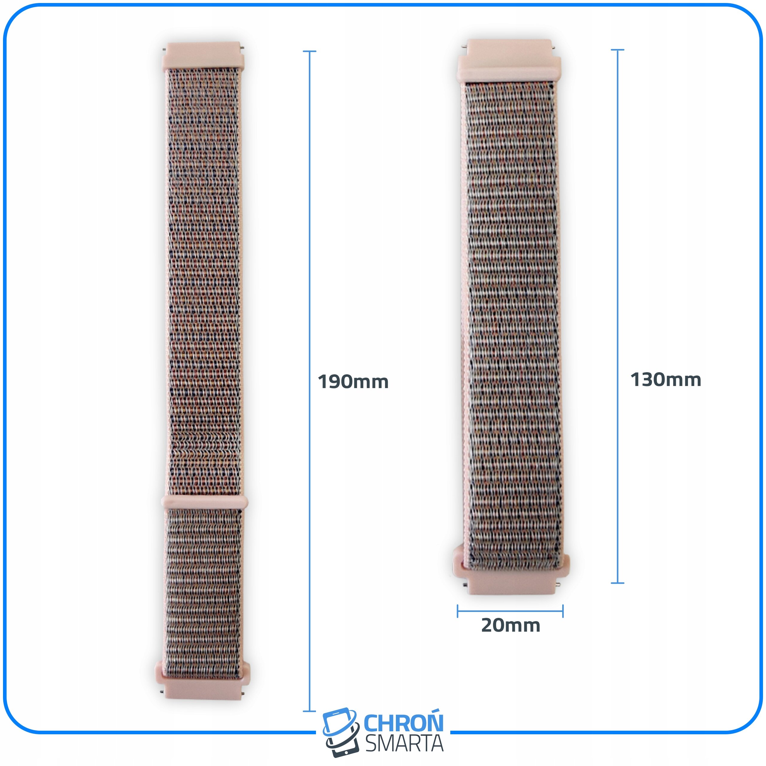 Obraz przedstawia dwa paski do smartwatcha o długościach 190mm i 130mm oraz szerokości 20mm. Na dole widoczne jest logo \'CHROŃ SMARTA\'.