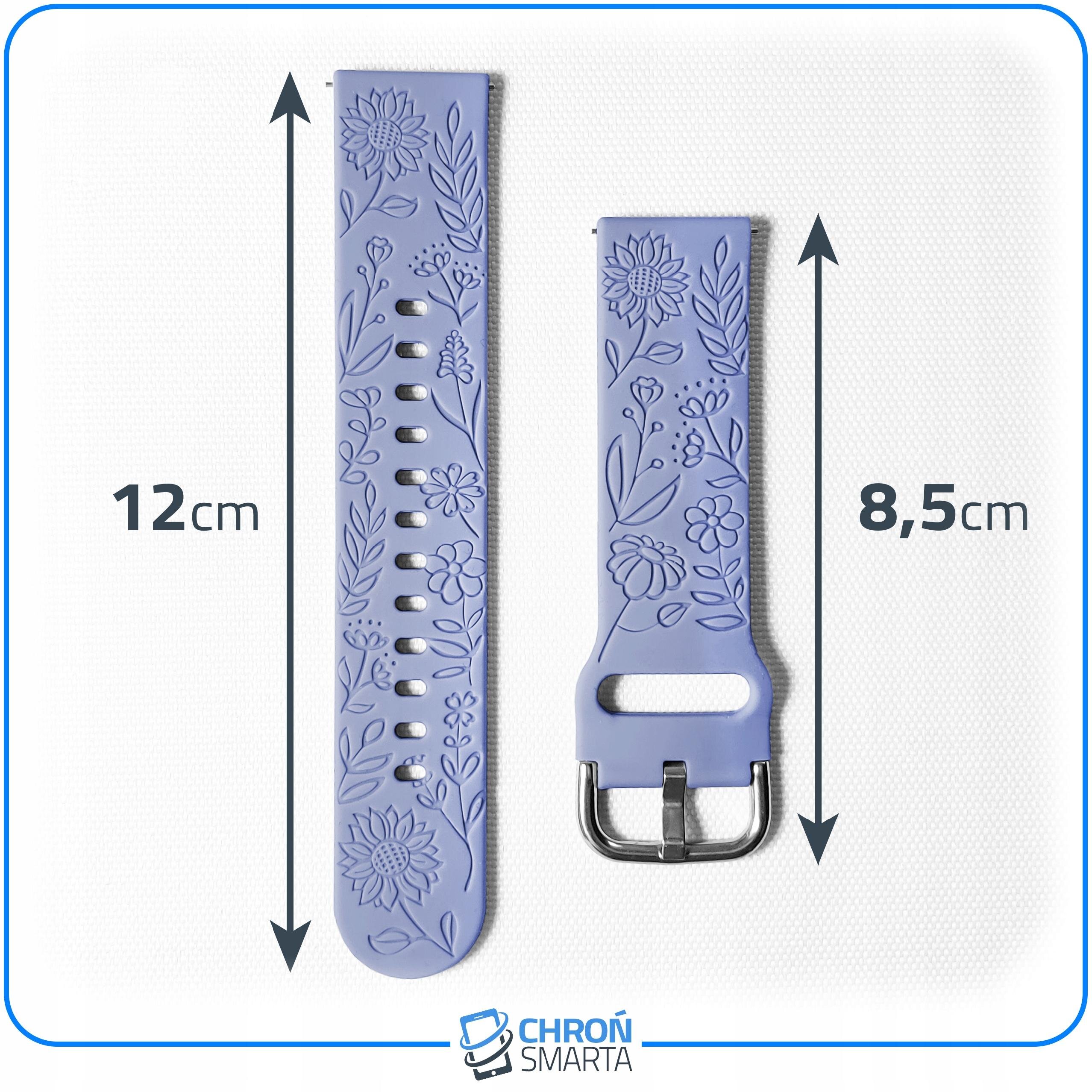 Na obrazie widoczne są dwa segmenty paska do smartwatcha w kolorze fioletowym z kwiatowym wzorem. Długości segmentów to 12 cm i 8,5 cm, a na dole znajduje się logo \'CHROŃ SMARTA\'.