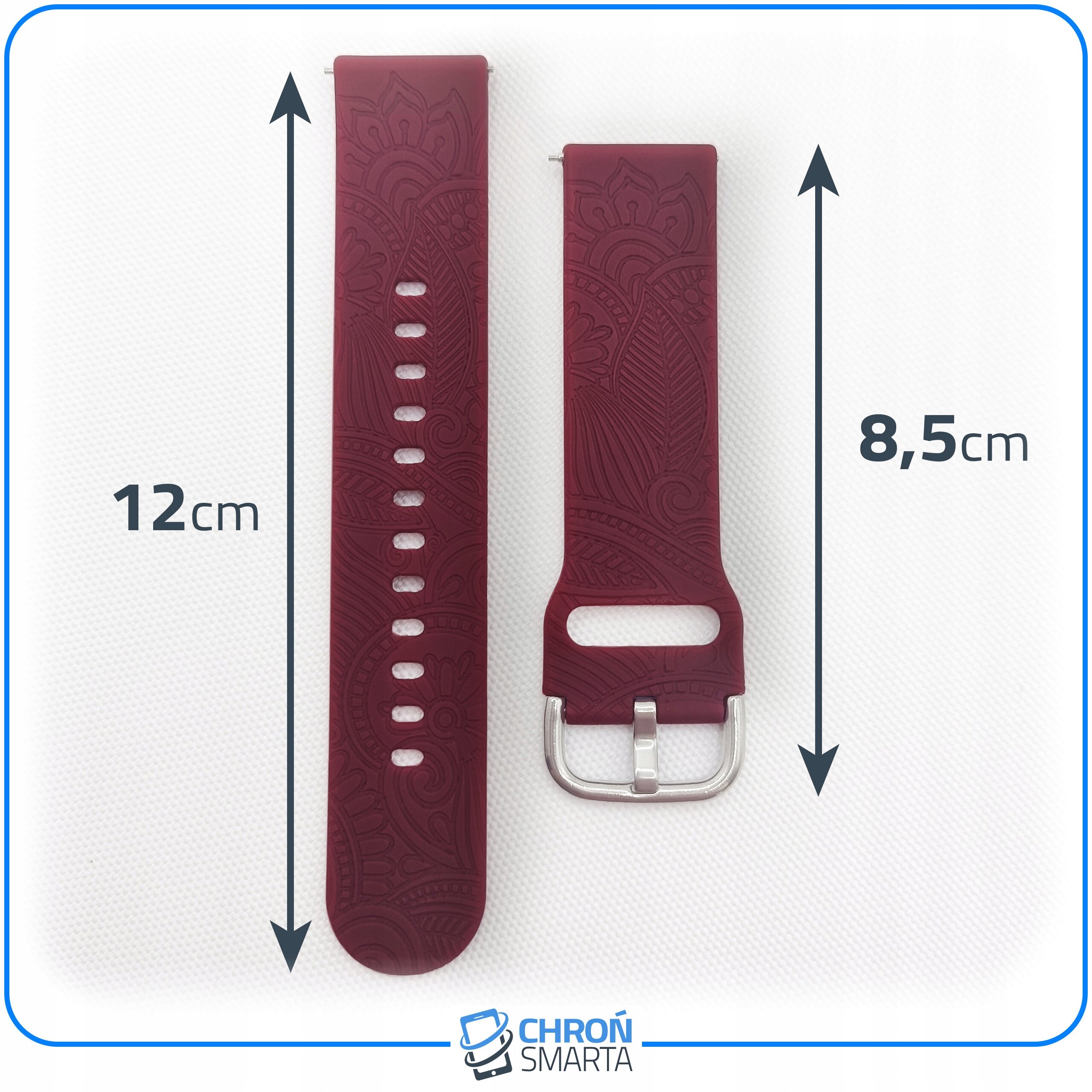Na obrazie widoczne są dwa segmenty paska do smartwatcha w kolorze bordowym z ozdobnym wzorem. Obok segmentów znajdują się oznaczenia długości: 12 cm i 8,5 cm, a na dole widnieje logo \'CHROŃ SMARTA\'.