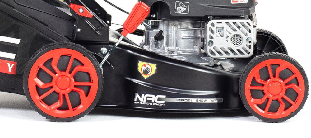 Kosiarka spalinowa NAC QUALITY MEX41-N127-1-RO duze kola lozyskowe zmniejszaja opory toczenia rozmiar 17,5 cm na przod 20 cm na tyl