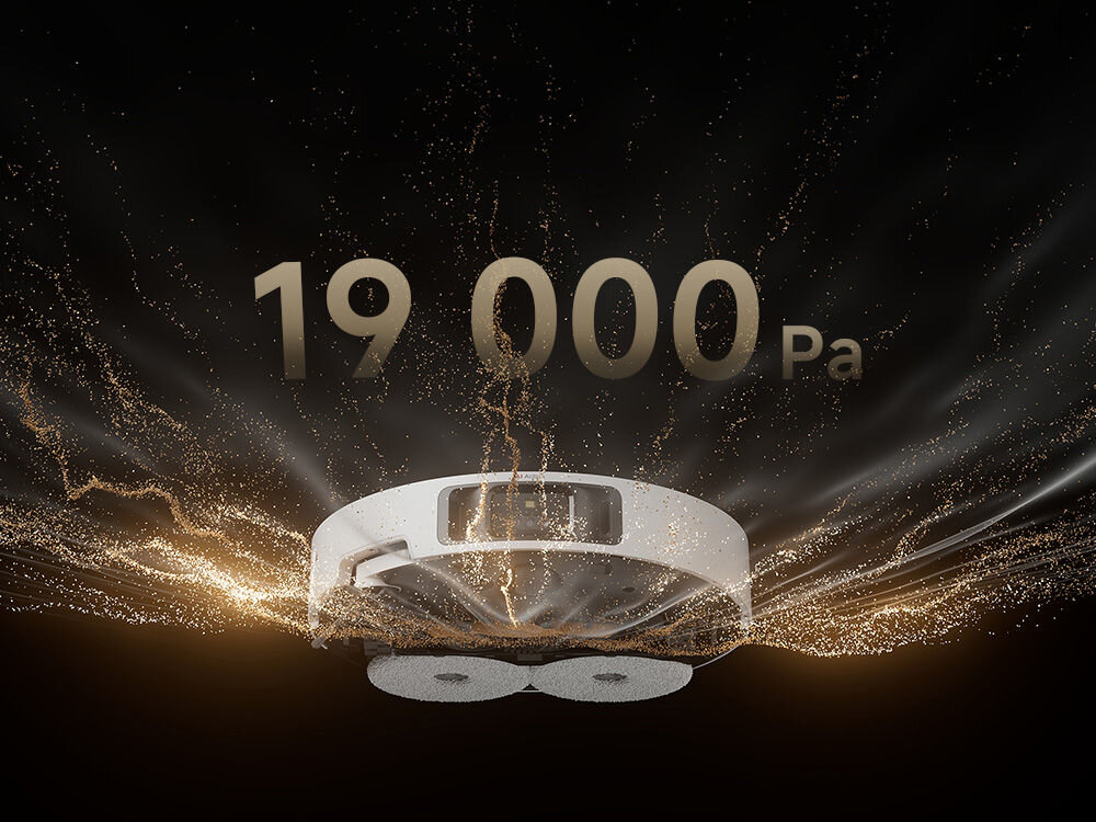 Obraz przedstawia biały robot sprzątający z widocznymi dwoma okrągłymi szczotkami. Nad robotem widnieje napis \'19 000 Pa\' otoczony efektami świetlnymi.