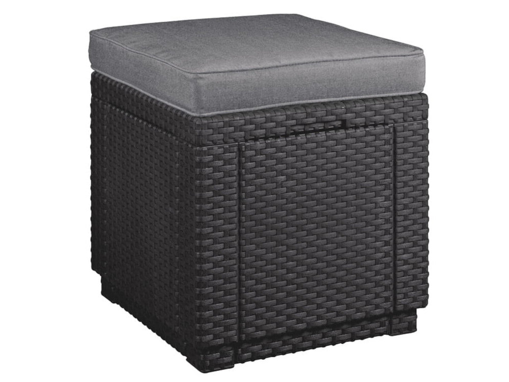 Kwadratowa pufa ogrodowa z ciemnoszarego materiału imitującego rattan, z szarym poduszkowym siedziskiem na górze.