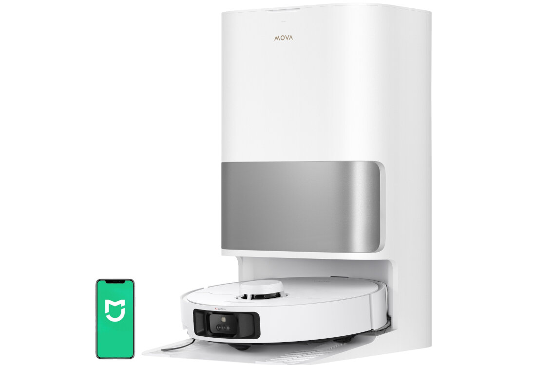 Na obrazie znajduje się biały robot sprzątający z dużą stacją dokującą, na której widnieje napis \'MOVA\'. Obok robota widoczna jest ikona smartfona z zielonym ekranem i białym logo w kształcie litery \'M\'.