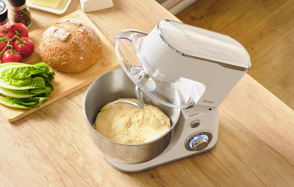 Robot kuchenny planetarny SENCOR STM 36330WH 1300W robot kuchnia podniesione ramię ciasto hak osłona pokrętło silnik moc 1300 W optymalne rezultaty wysoka moc ciężkie zadania wyrabianie gęstych ciast ubijanie dużej ilości składników stabilna konstrukcja optymalne przełożenie mocy komfortowe efektywne użytkowanie długotrwała praca w każdej kuchni  