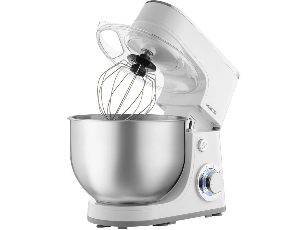 Robot kuchenny planetarny SENCOR STM 36330WH 1300W robot misa pokrętło ramię w górze osłona akcesorium końcówka przezroczysta osłona przeciwbryzgowa z podajnikiem ochrona przed zabrudzeniami dodawanie składników w czasie pracy ergonomiczna konstrukcja komfort użytkowania atrakcyjny biały kolor komponuje się ze współczesnymi kuchniami funkcjonalność estetyka  