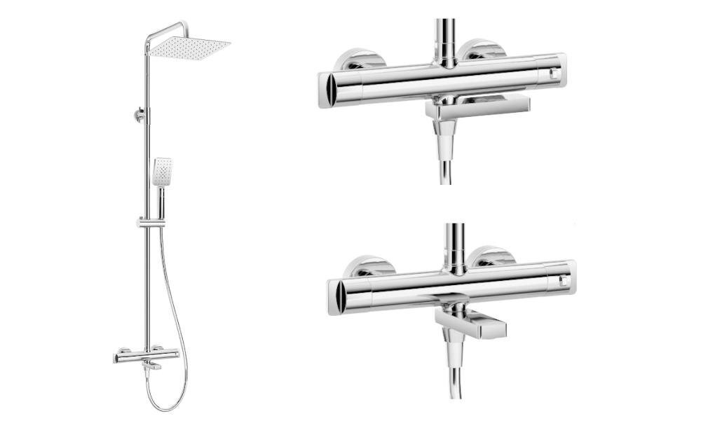 Zestaw prysznicowy natynkowy w kolorze chrom, składający się z deszczownicy, słuchawki prysznicowej i baterii. Produkt ma nowoczesny design z prostymi liniami i błyszczącym wykończeniem.