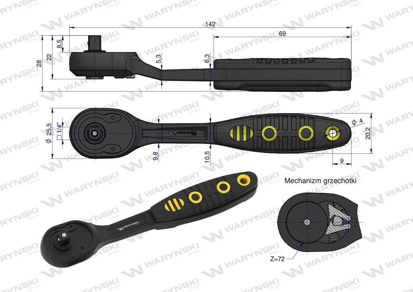 Obraz przedstawia techniczny rysunek grzechotki 1/4\