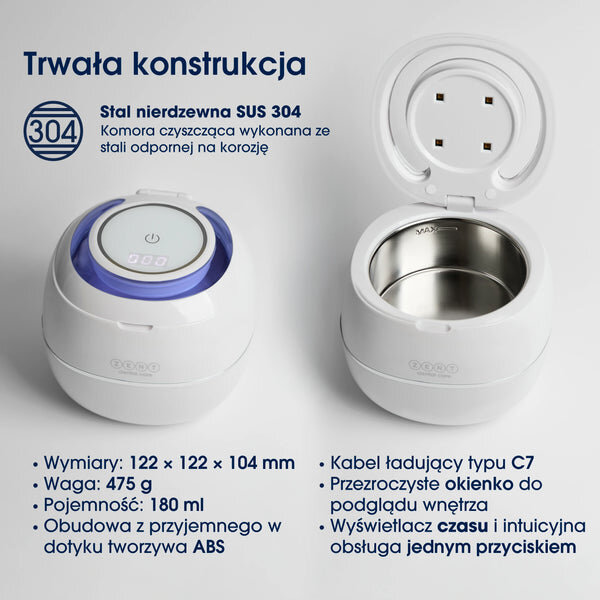Na obrazie widoczna jest biała myjka ultradźwiękowa z otwartą i zamkniętą pokrywą, z wyświetlaczem i przyciskiem na górze. Obok znajdują się informacje: \'Trwała konstrukcja\', \'Stal nierdzewna SUS 304\', \'Wymiary: 122 x 122 x 104 mm\', \'Waga: 475 g\', \'Pojemność: 180 ml\', \'Obudowa z przyjemnego w dotyku tworzywa ABS\', \'Kabel ładujący typu C7\', \'Przezroczyste okienko do podglądu wnętrza\', \'Wyświetlacz czasu i intuicyjna obsługa jednym przyciskiem\'.