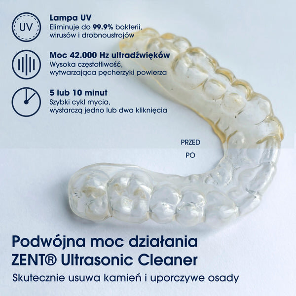 Obraz przedstawia przezroczysty aparat ortodontyczny z oznaczeniami \'PRZED\' i \'PO\'. Widoczny jest tekst: \'Lampa UV eliminuje do 99.9% bakterii, wirusów i drobnoustrojów\', \'Moc 42.000 Hz ultradźwięków\', \'5 lub 10 minut\', \'Podwójna moc działania ZENT Ultrasonic Cleaner\', \'Skutecznie usuwa kamień i uporczywe osady\'.