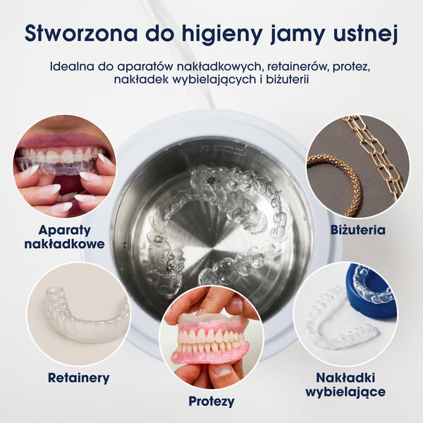 Obraz przedstawia myjkę ultradźwiękową z włożonymi aparatami nakładkowymi. Wokół myjki znajdują się zdjęcia aparatów nakładkowych, biżuterii, retainerów, protez i nakładek wybielających z podpisami: \'Aparaty nakładkowe\', \'Biżuteria\', \'Retainery\', \'Protezy\', \'Nakładki wybielające\'.