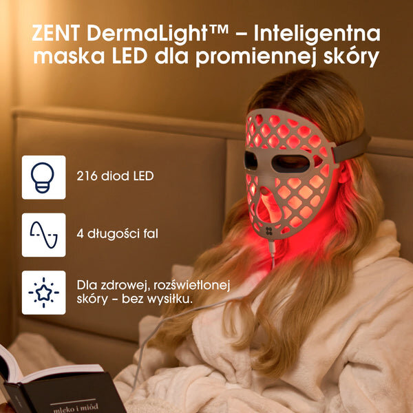 Osoba siedzi na łóżku, nosząc białą maskę LED emitującą czerwone światło. Obok widoczny jest tekst: \'ZENT DermaLight™ – Inteligentna maska LED dla promiennej skóry\', \'216 diod LED\', \'4 długości fal\', \'Dla zdrowej, rozświetlonej skóry – bez wysiłku.\'.