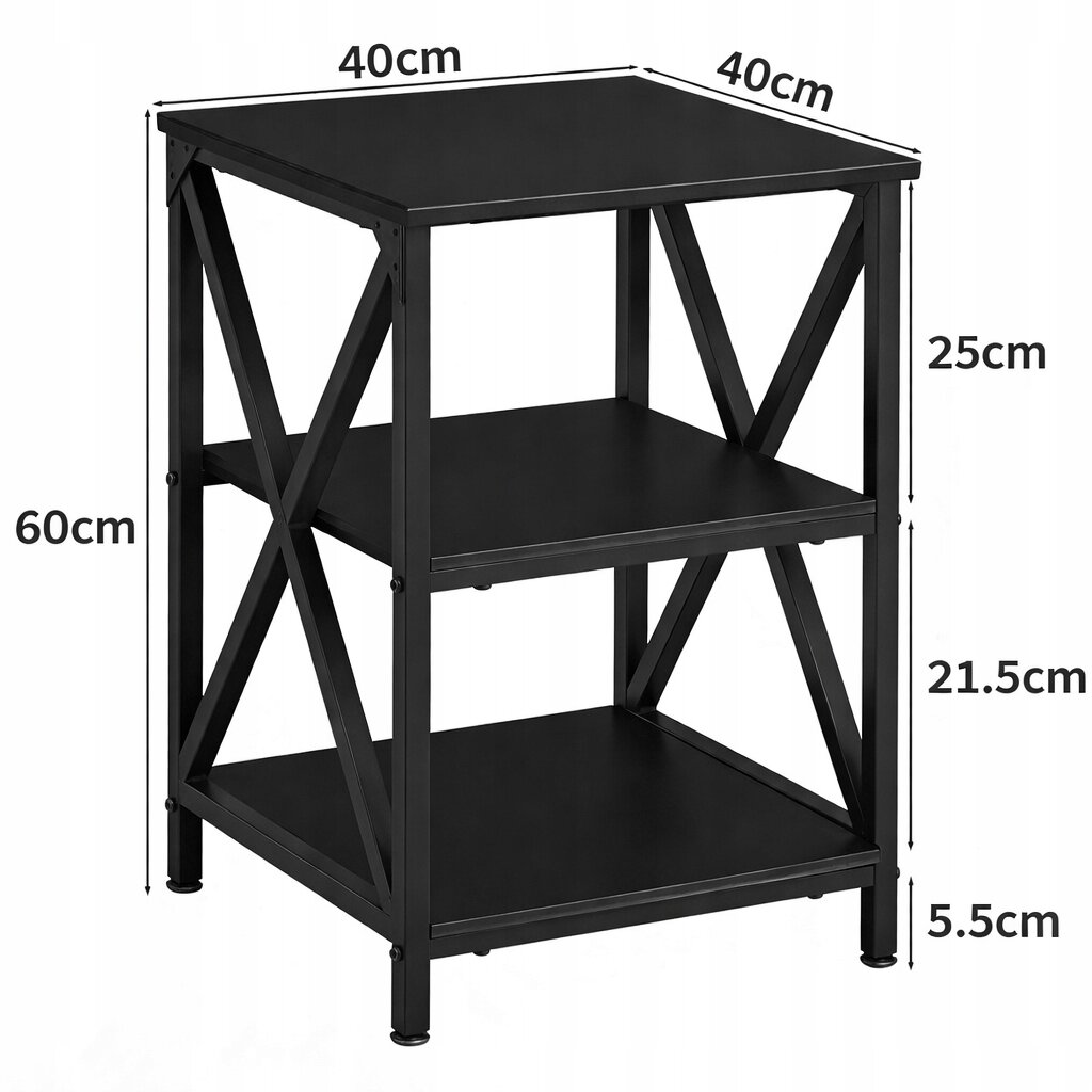 Czarny stolik pomocniczy z trzema półkami, o wymiarach 60 cm wysokości, 40 cm szerokości i 40 cm głębokości. Półki mają wysokości odpowiednio 25 cm, 21.5 cm i 5.5 cm.
