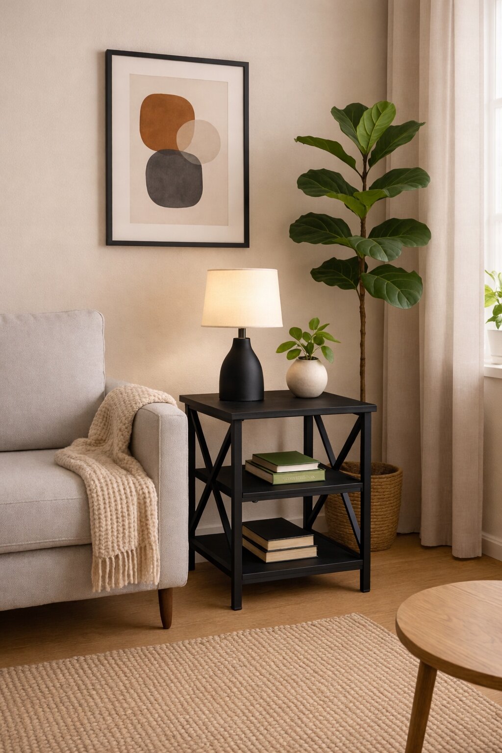 Czarny stolik pomocniczy z dwoma półkami, na którym stoi lampa i mała roślina w doniczce. Obok znajduje się szara sofa z kocem, a w tle widać roślinę doniczkową i obraz na ścianie.