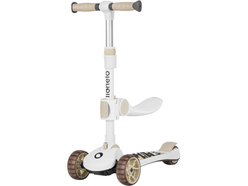 Biało-beżowa hulajnoga dziecięca z trzema kołami i regulowaną kierownicą. Na kierownicy widoczne jest logo \'lionelo\'.