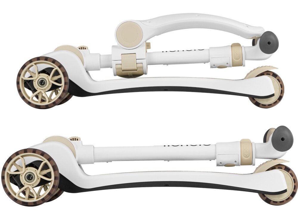 Na obrazie widoczna jest złożona hulajnoga w kolorze biało-beżowym z widocznymi kołami i mechanizmem składania. Na ramie znajduje się napis \'lionelo\'.