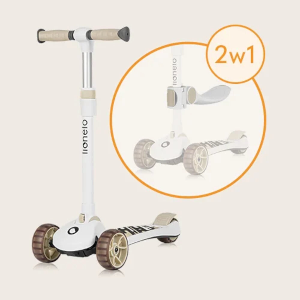 Na obrazie widoczna jest biało-beżowa hulajnoga dziecięca z trzema kołami i napisem \'lionelo\' na kierownicy. W prawym górnym rogu znajduje się okrąg z napisem \'2w1\'.