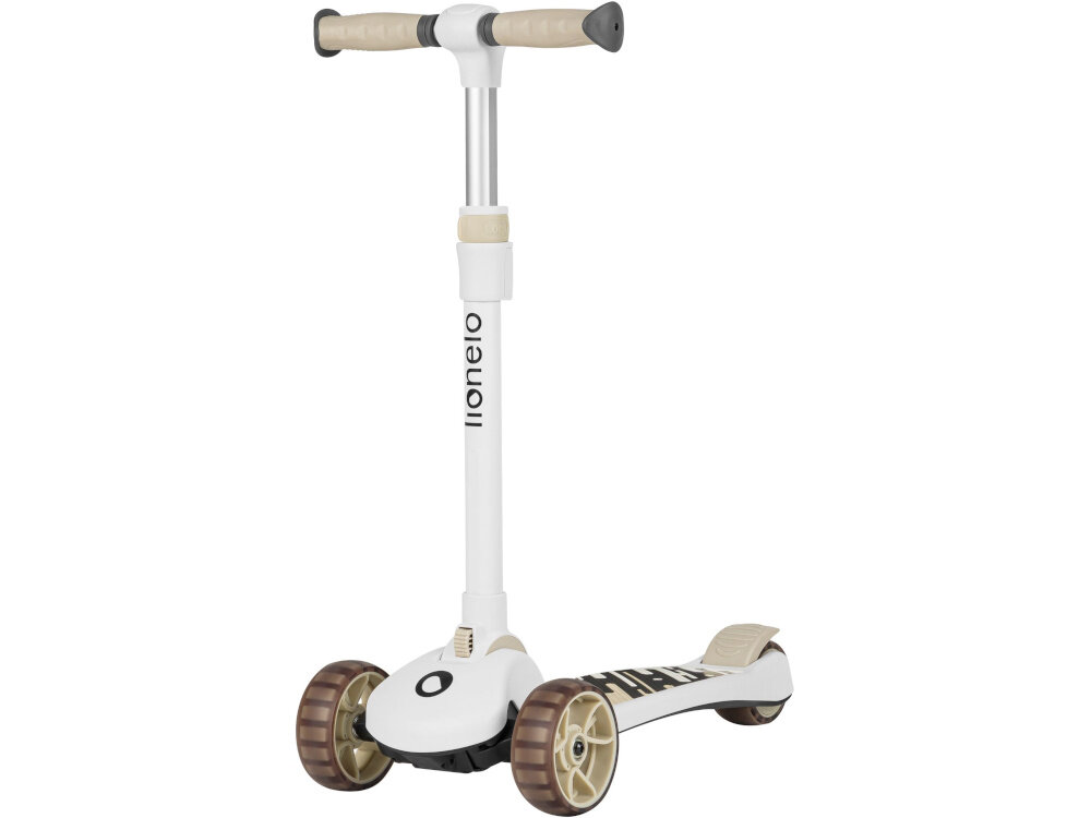 Biało-beżowa hulajnoga dziecięca z trzema kołami, posiada napis \'lionelo\' na kierownicy. Koła są przezroczyste z beżowym odcieniem, a podest ma czarny napis na białym tle.