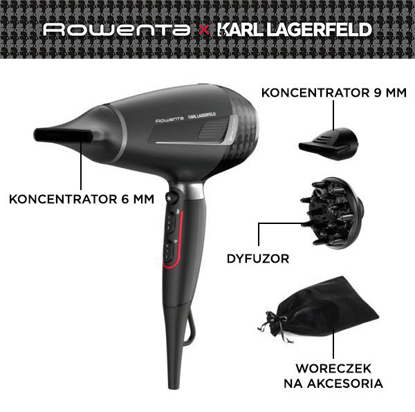 Na obrazie widoczna jest czarna suszarka do włosów z logo \'ROWENTA x KARL LAGERFELD\', wraz z akcesoriami: koncentratorami 6 mm i 9 mm, dyfuzorem oraz woreczkiem na akcesoria. Tło jest wzorzyste, a teksty opisują poszczególne elementy zestawu.