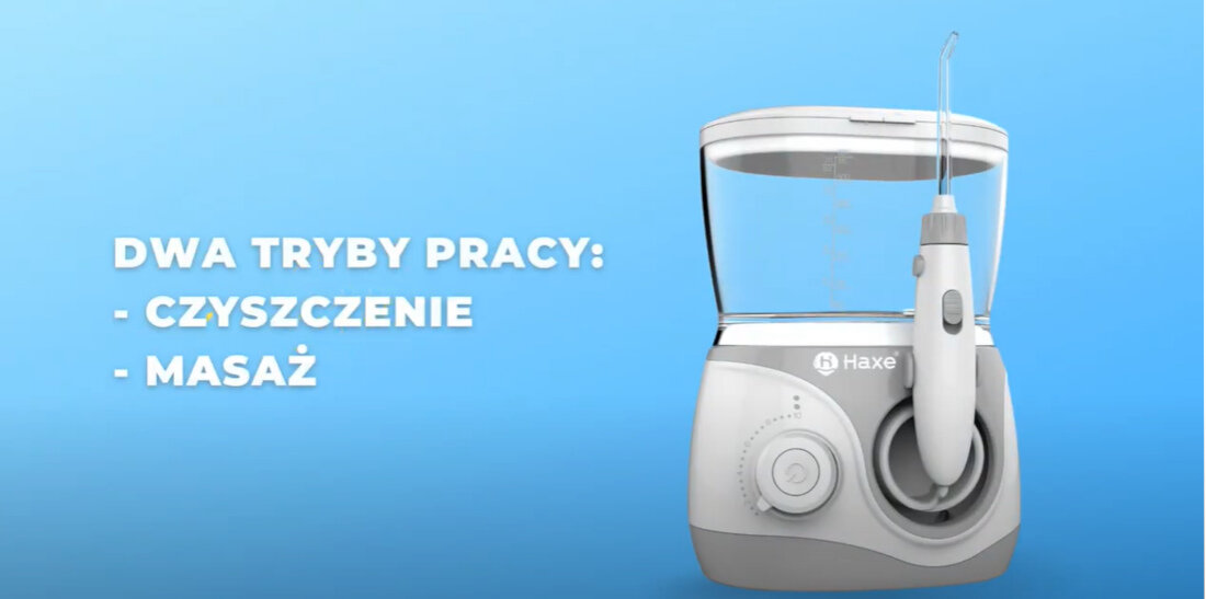 Irygator HAXE HX722 2 tryby pracy czyszczenie masaż strumień wody ciśnienie regulacja pokrętło 10-stopniowa regulacja