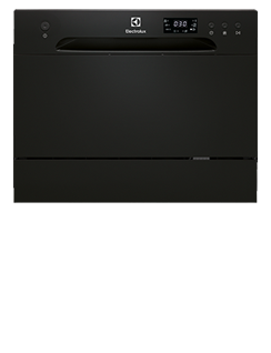 Czarna zmywarka z panelem sterowania na górze, wyświetlaczem cyfrowym i kilkoma przyciskami. Widoczne logo Electrolux nad uchwytem drzwi.