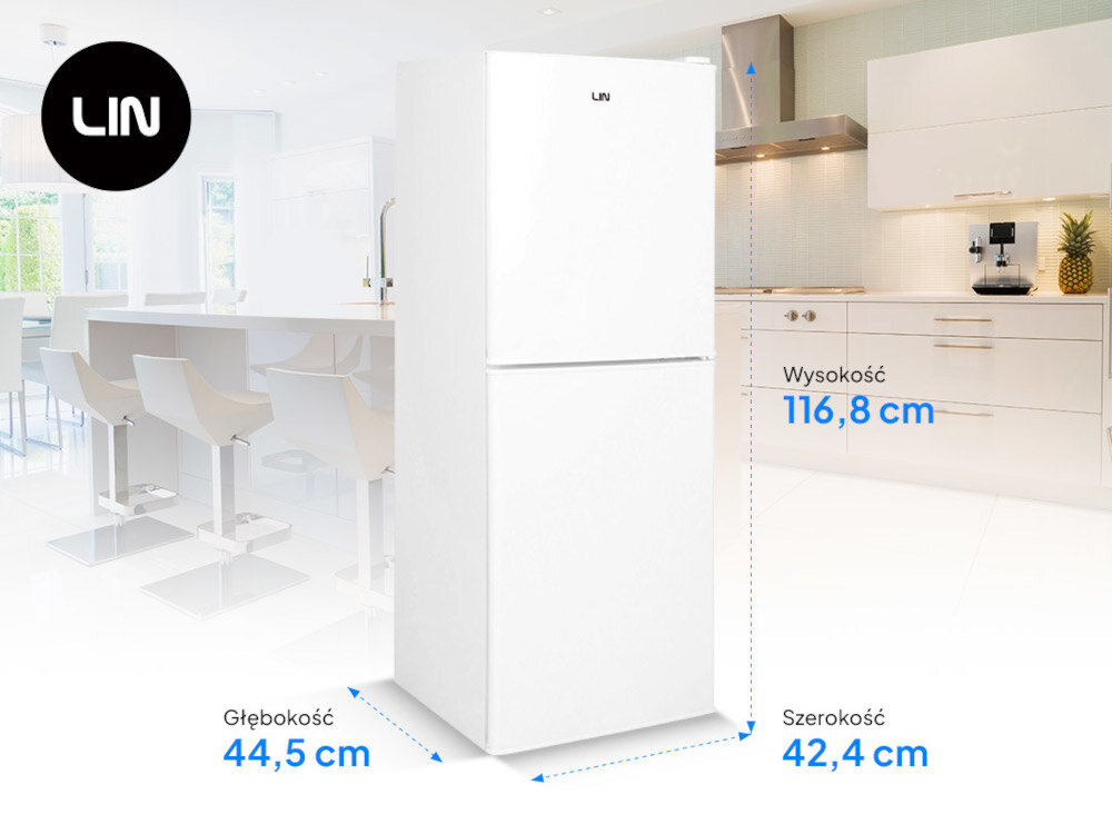 Biała lodówka o wysokości 116,8 cm, głębokości 44,5 cm i szerokości 42,4 cm stoi w nowoczesnej kuchni. Na lodówce widoczne jest logo LIN.
