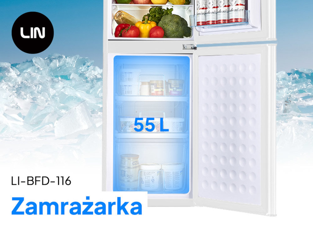 Obraz przedstawia otwartą lodówkę z widocznymi produktami spożywczymi w górnej części oraz zamrażarką o pojemności 55 L w dolnej części. Na tle lodu widoczne jest logo LIN oraz tekst \'LI-BFD-116 Zamrażarka\'.