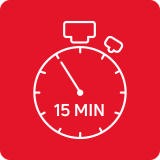 Czerwony kwadrat z białą ikoną stopera i napisem \'15 MIN\'.