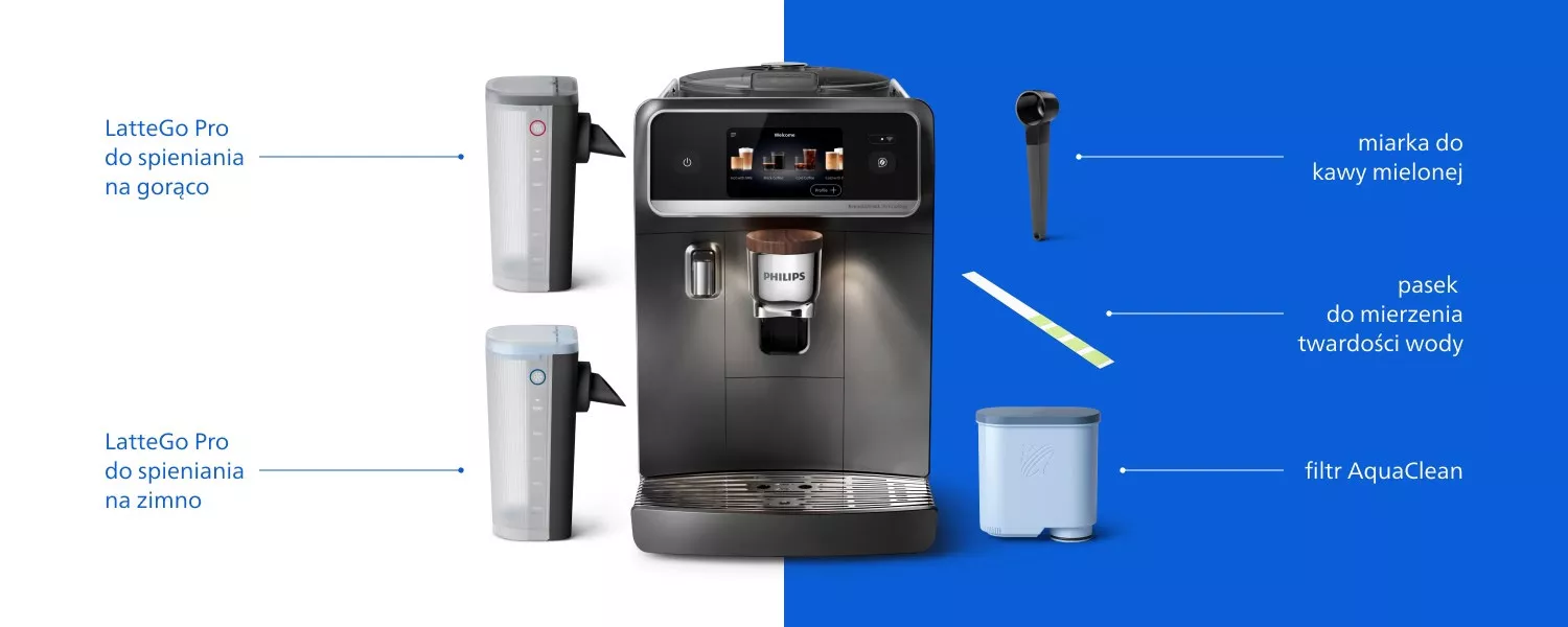 Na obrazie znajduje się ekspres do kawy z logo PHILIPS, z wyświetlaczem i filiżanką pod wylewką. Obok ekspresu widoczne są akcesoria: LatteGo Pro do spieniania na gorąco i zimno, miarka do kawy mielonej, pasek do mierzenia twardości wody oraz filtr AquaClean.
