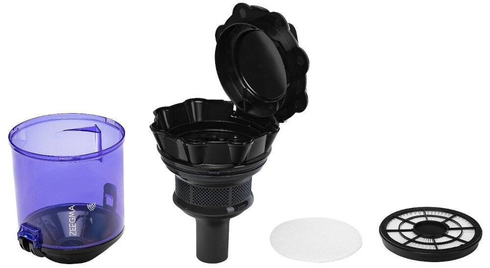 Na obrazie widoczne są części odkurzacza, w tym przezroczysty niebieski pojemnik z logo \'ZEEGMA\', czarny element z otwartą pokrywą oraz dwa okrągłe filtry.